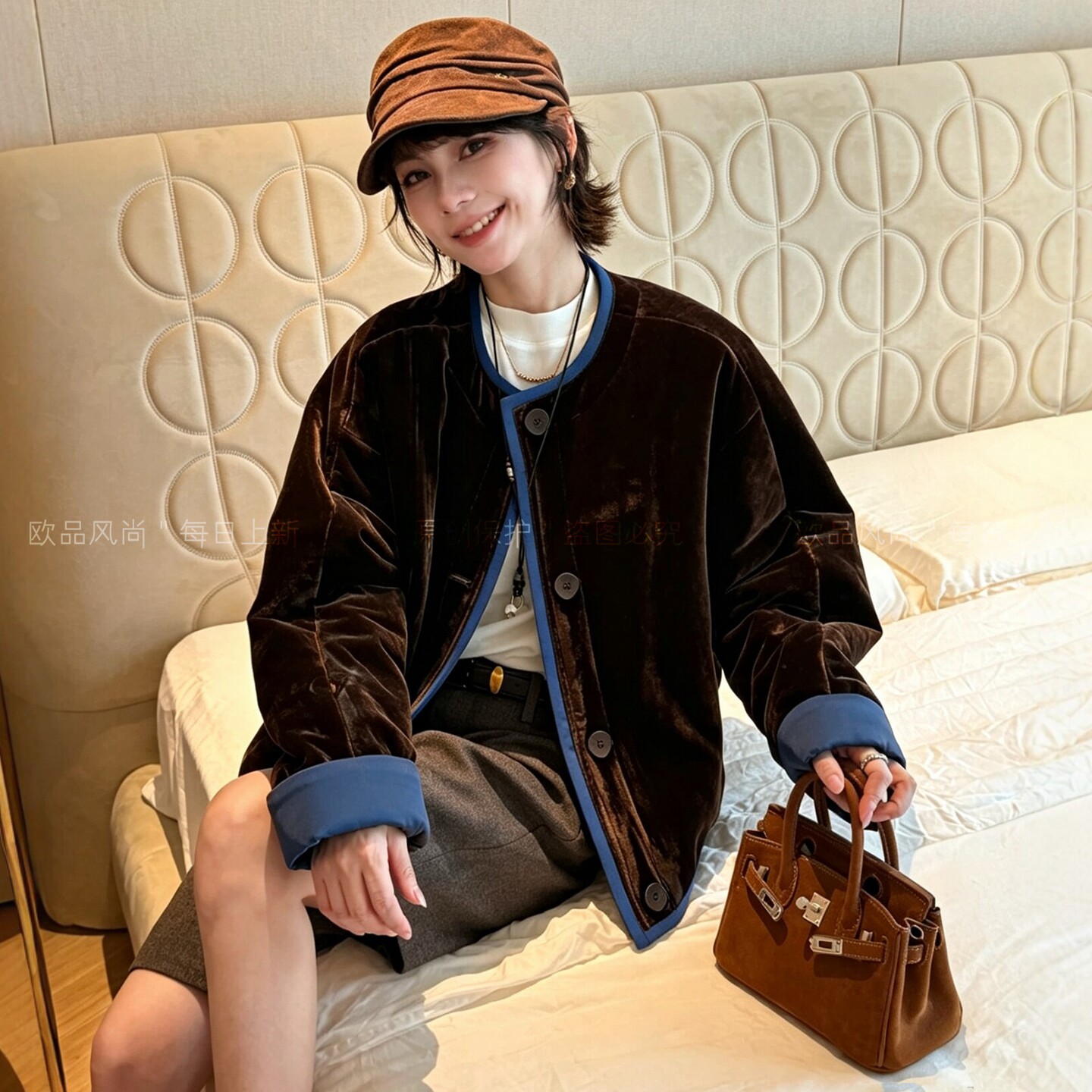 金丝绒包边压格夹棉外套女欧洲站