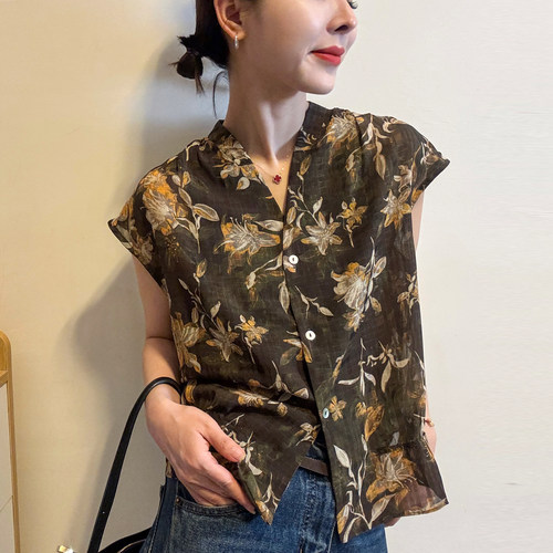 复古碎花飞飞袖衬衫女欧洲站小衫