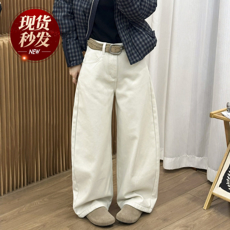 米白色弯刀加绒牛仔裤女欧洲站2025冬装新款欧货女装加厚阔腿裤潮,女装/女士精品,牛仔裤,淘宝优惠券,粉丝福利购,淘宝优惠卷