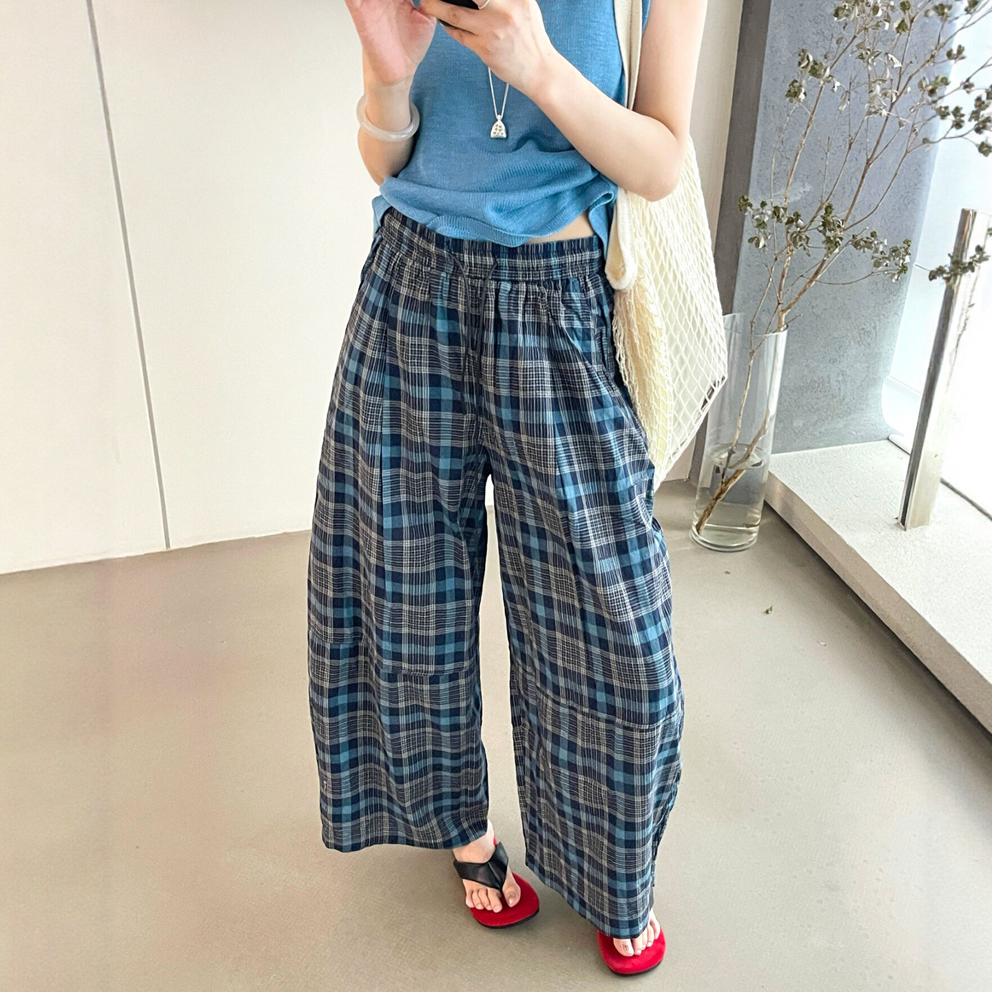 撞色格子九分直筒阔腿裤女欧洲站2026夏季新款欧货女装时尚休闲裤