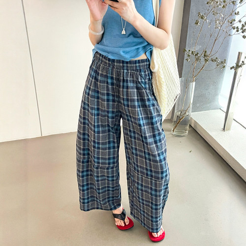 撞色格子九分直筒阔腿裤女欧洲站