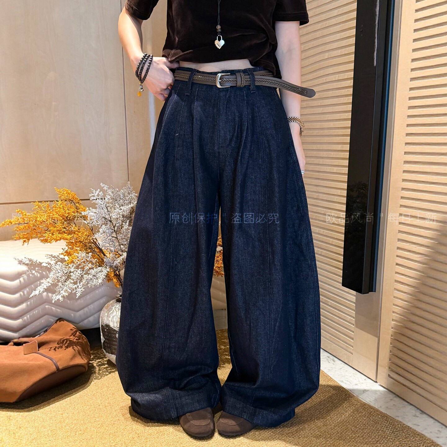 深蓝色拖地阔腿牛仔裤女欧洲站潮