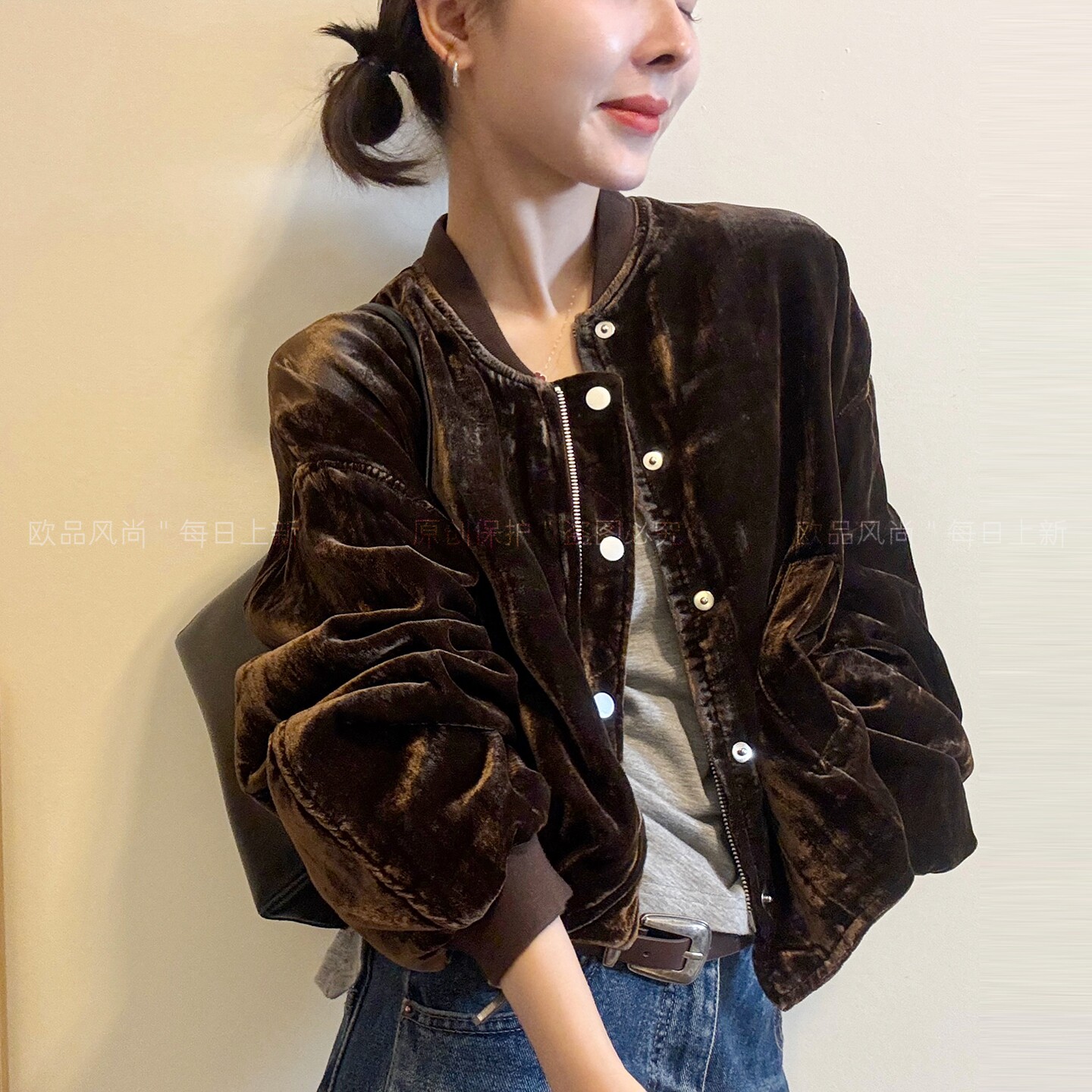 金丝绒立领棒球服开衫外套女欧货