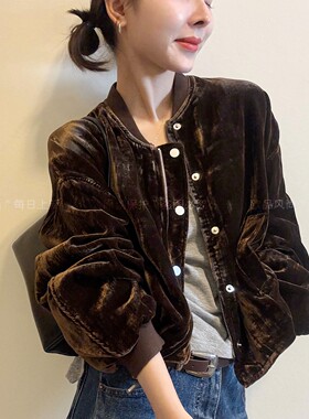 金丝绒立领棒球服开衫外套女欧货