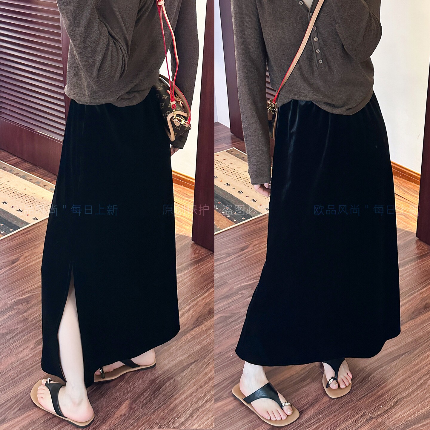 侧边开叉金丝绒A字半身裙女欧货