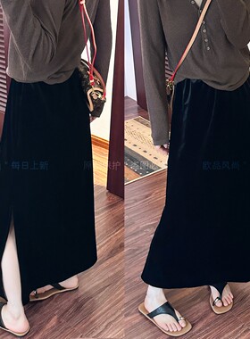 侧边开叉金丝绒A字半身裙女欧货