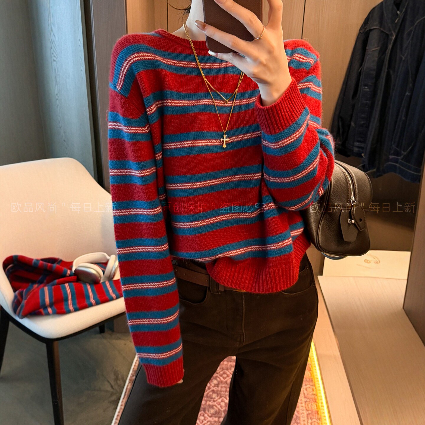 撞色条纹绵羊毛针织衫女欧货毛衣