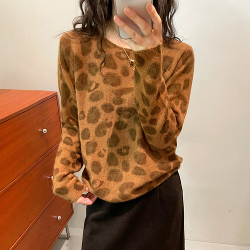 复古豹纹桑蚕丝山羊绒针织衫欧货
