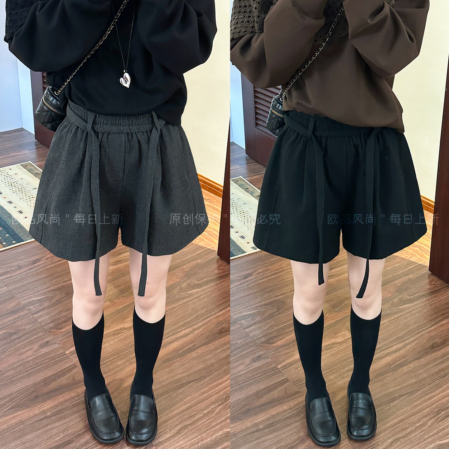抽绳系带A字毛呢阔腿短裤女欧货