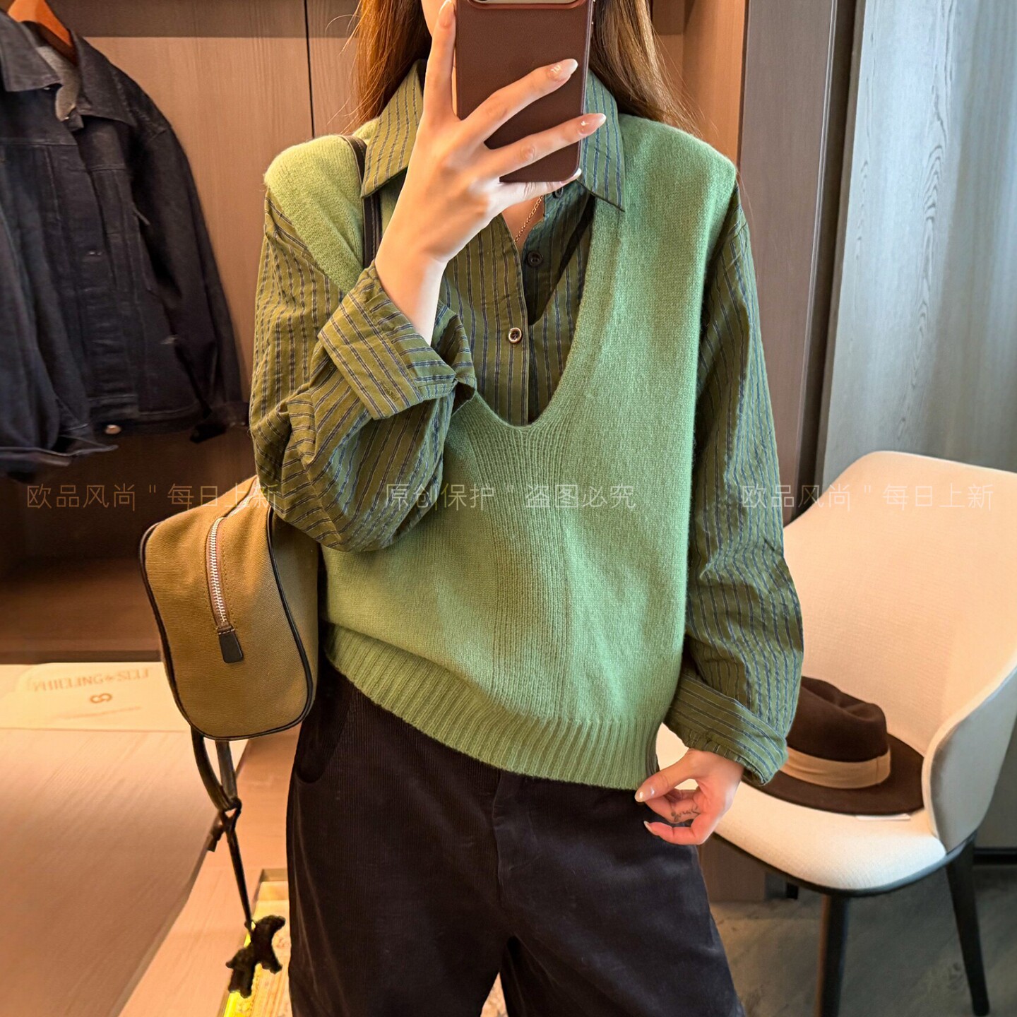 羊毛针织背心衬衫两件套女欧洲站