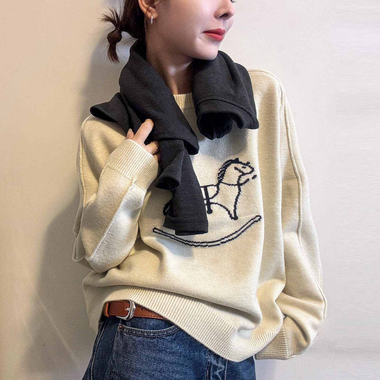 小马刺绣羊毛针织衫女欧洲站毛衣