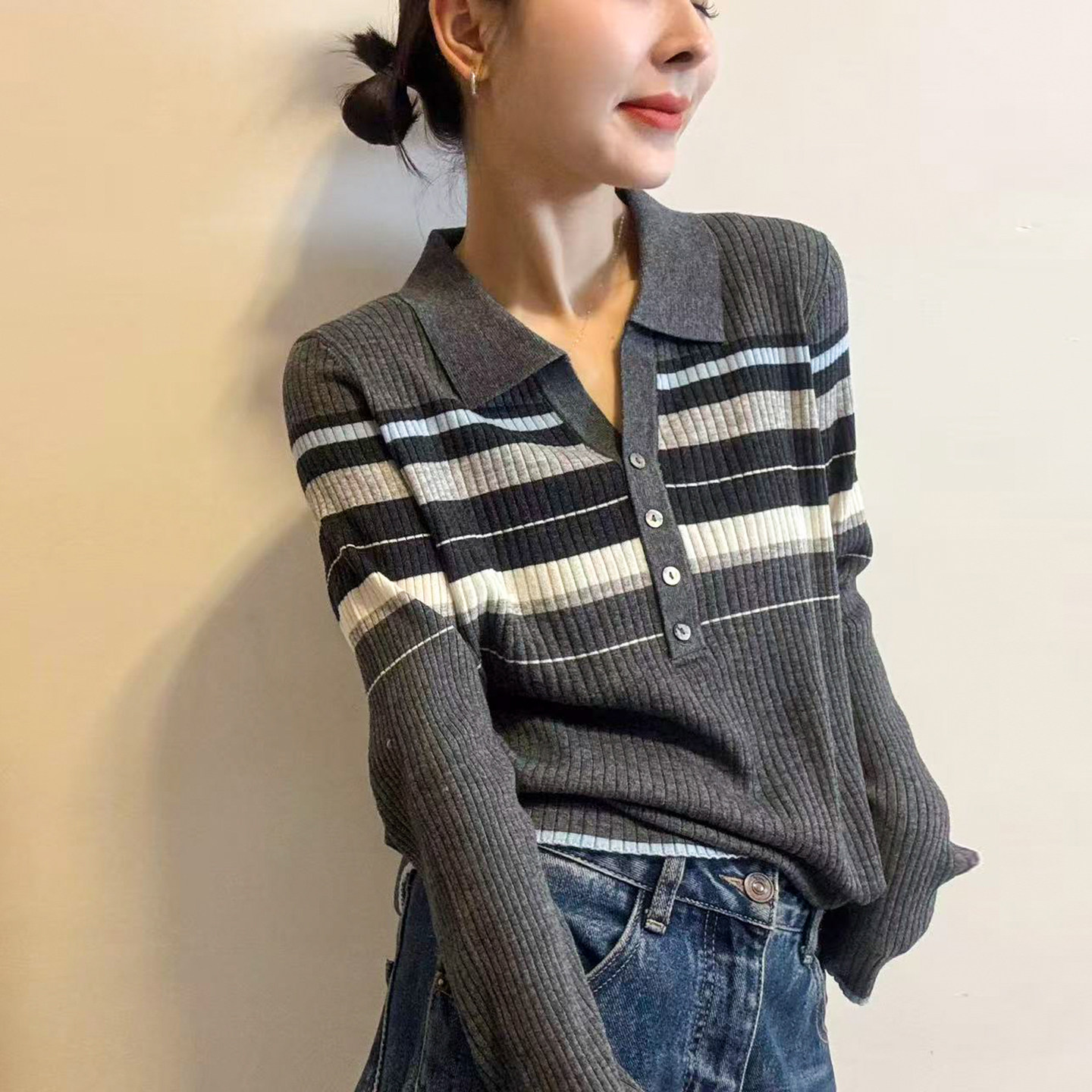 撞色条纹POLO领羊毛针织衫女欧货