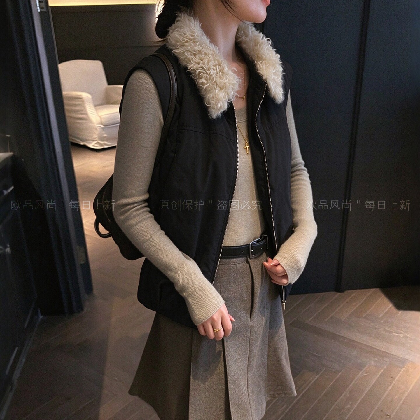 羊羔毛领白鸭绒马甲外套女欧洲站