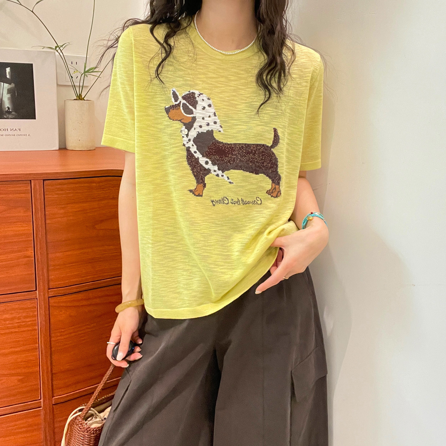 小狗刺绣亚麻针织衫女欧洲站上衣