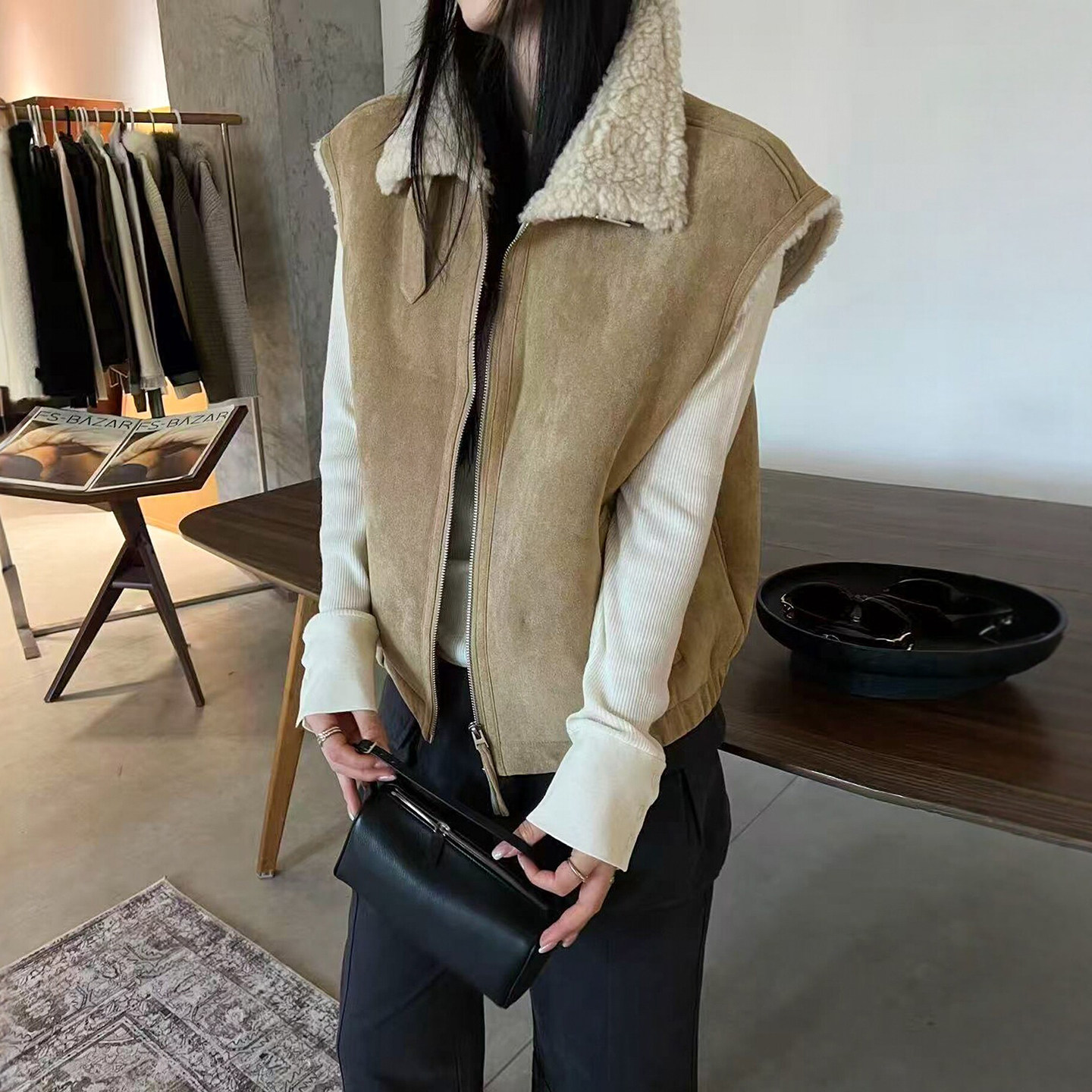 翻领皮毛一体马甲外套女欧洲站潮