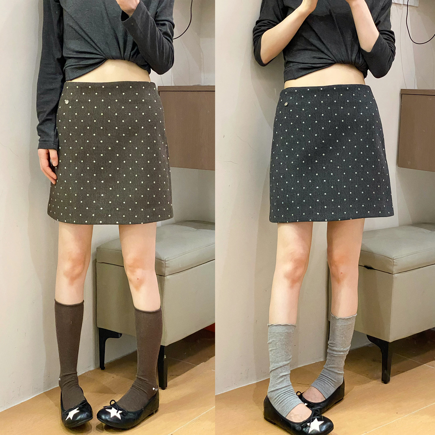 撞色波点A字包臀半身裙女欧洲站
