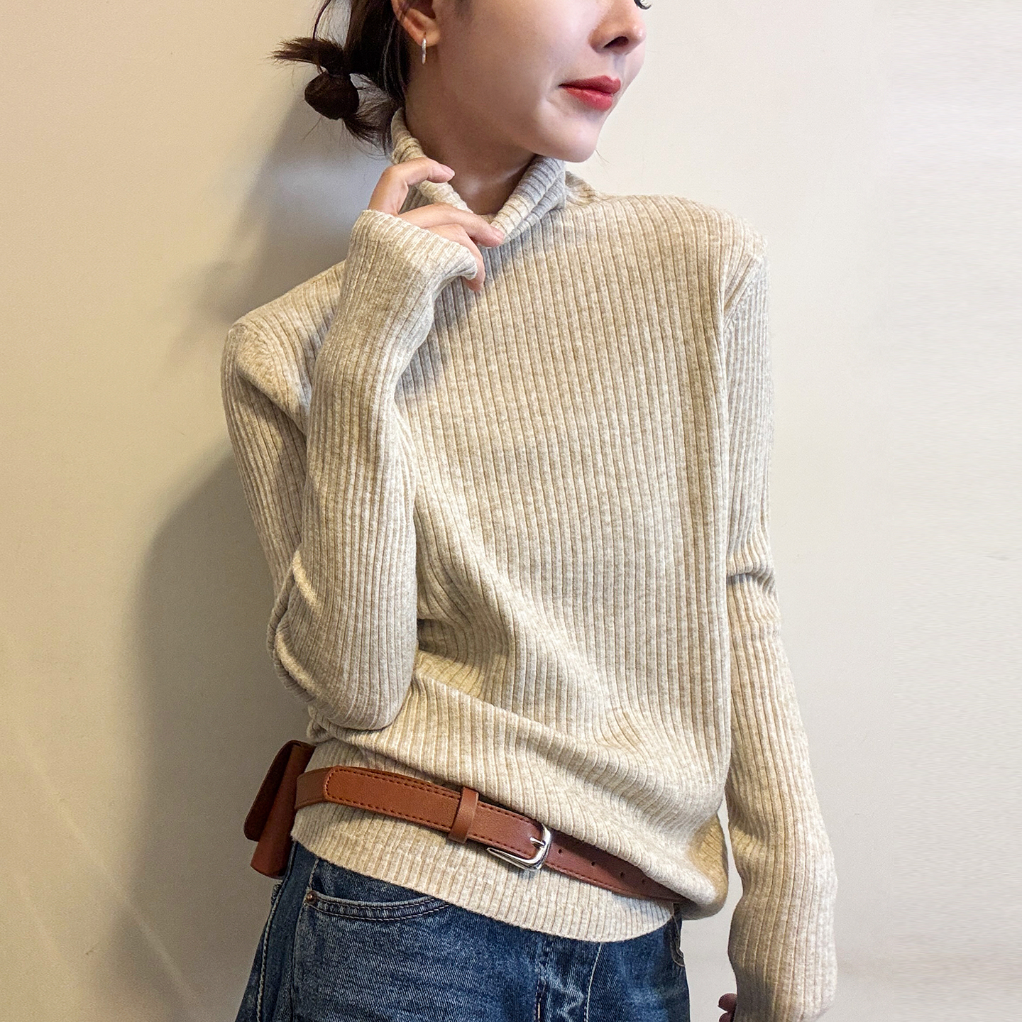 堆堆领坑条高领羊毛针织衫女欧货