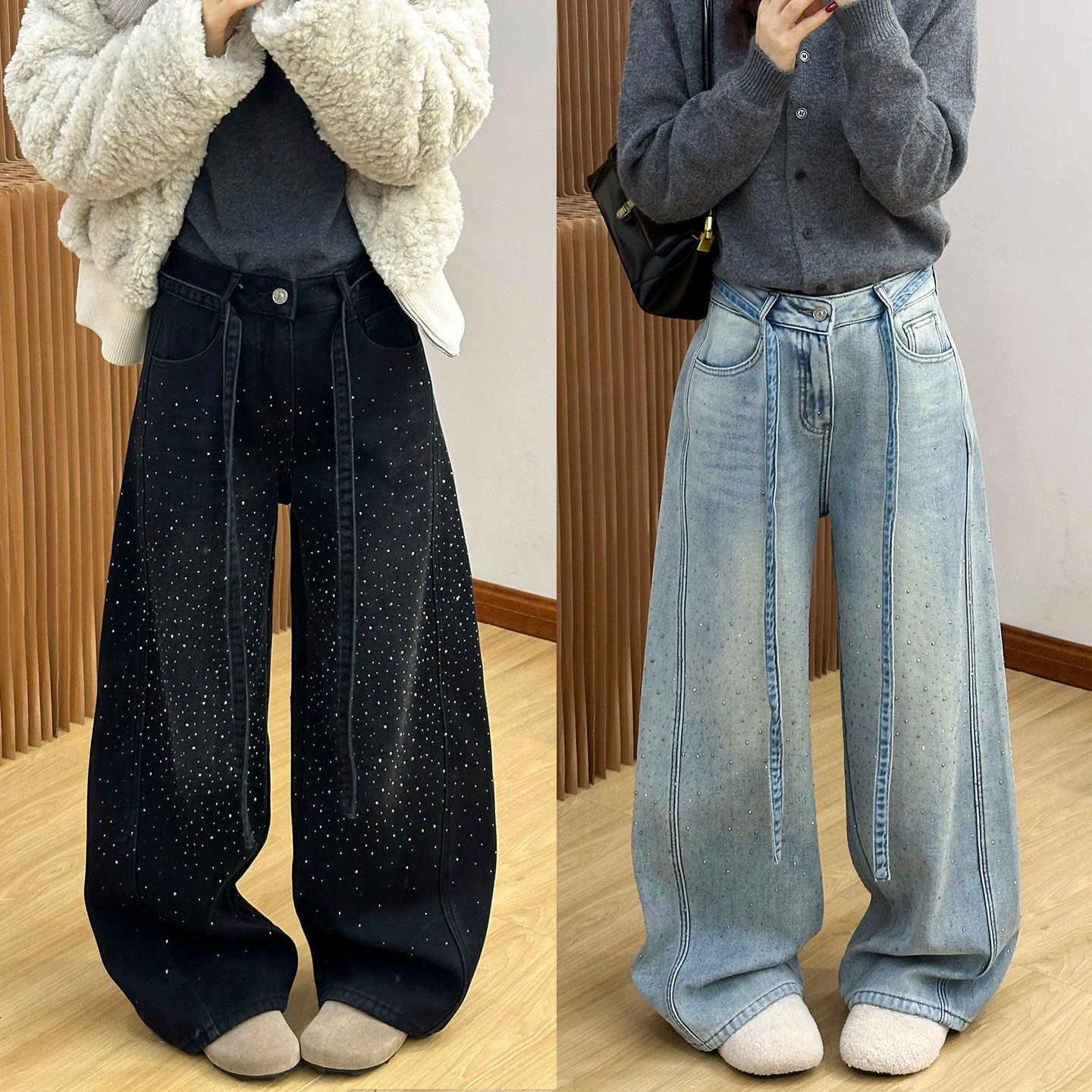 重工烫钻拖地加绒牛仔裤女欧洲站2025冬装新款欧货女装阔腿裤子潮
