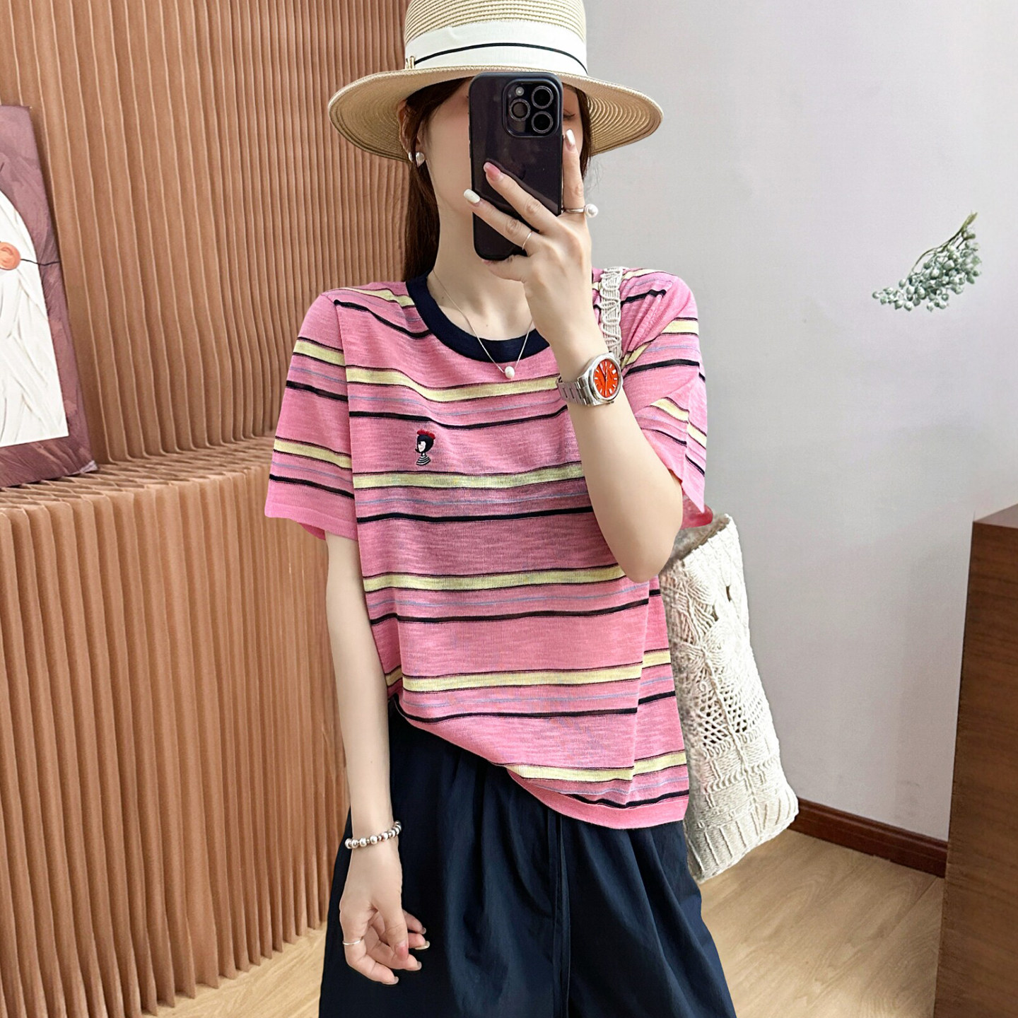 条纹刺绣冰丝麻料针织衫女欧洲站