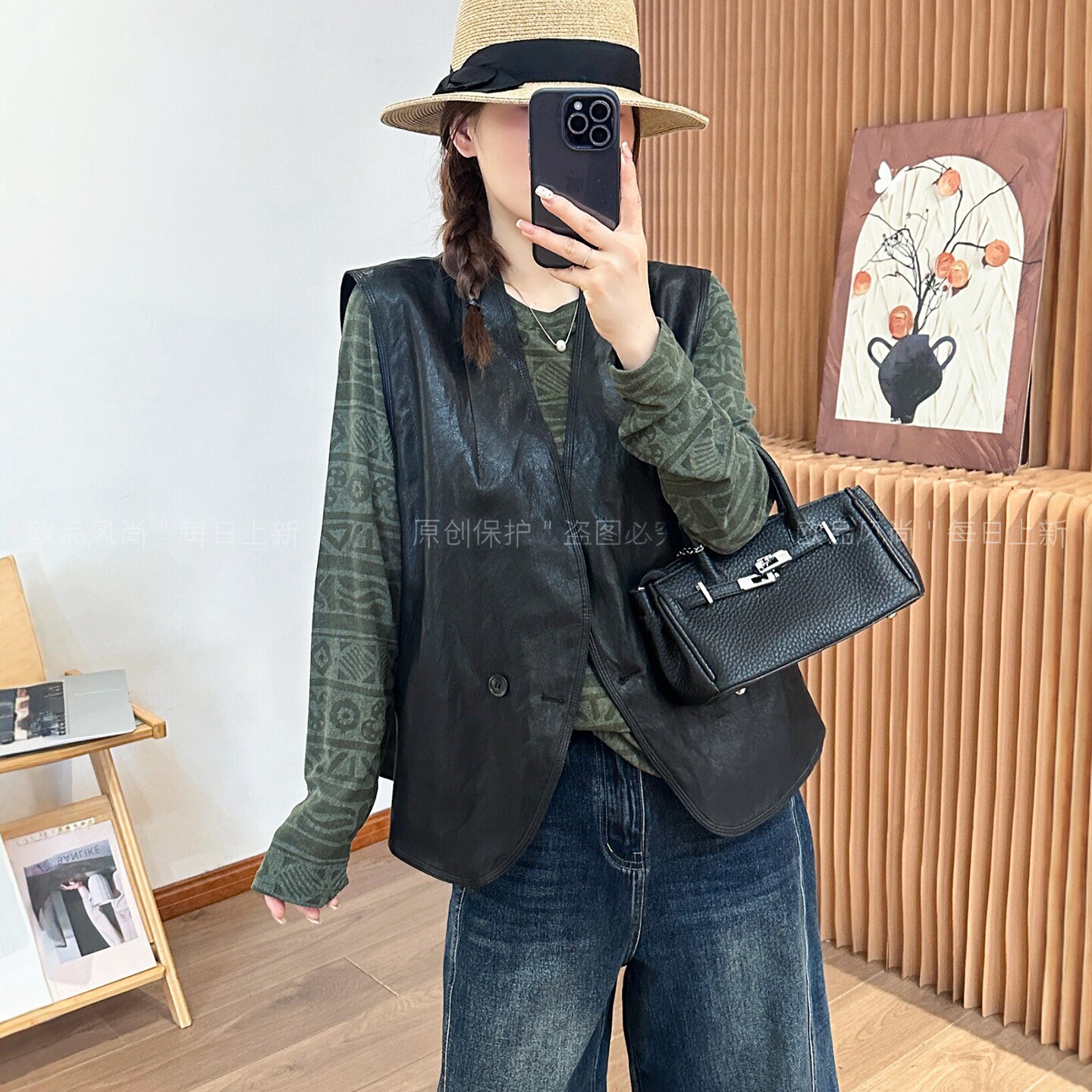 复古V领PU蛋白皮马甲外套女欧货