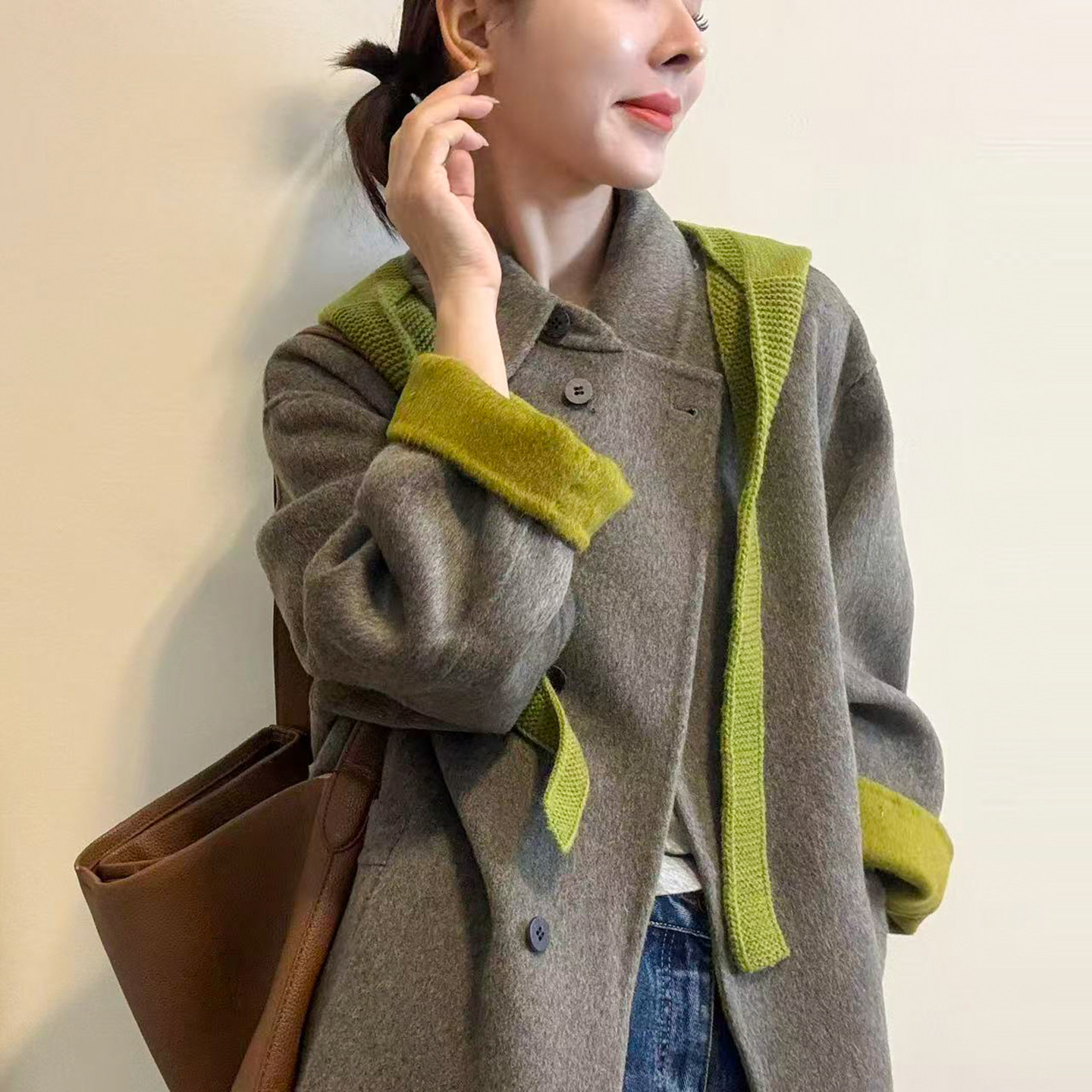 配披肩POLO领双面羊绒大衣女欧货