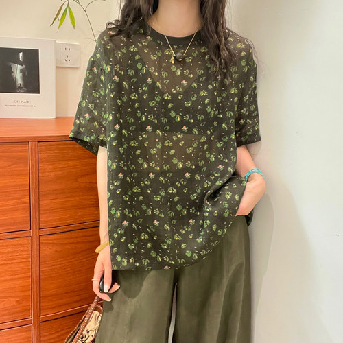 复古碎花微透苎麻短袖衬衫女欧货
