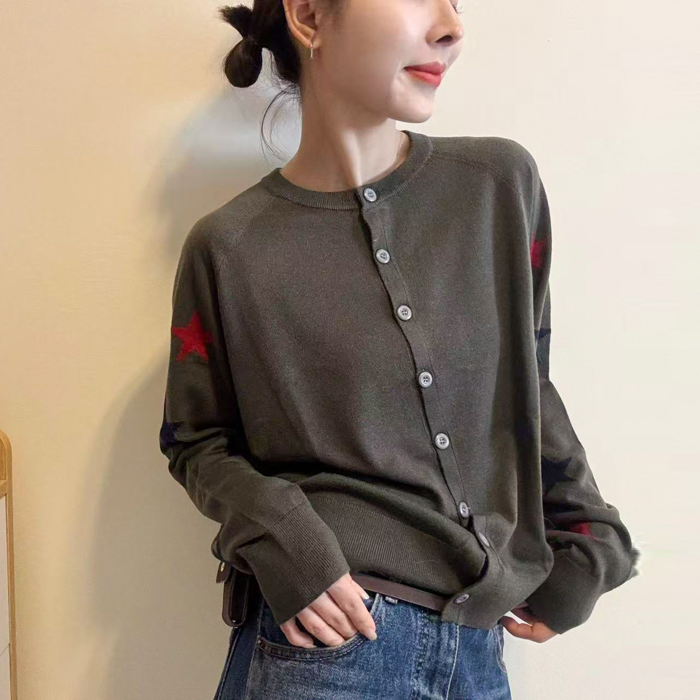 五角星印花羊毛针织开衫女欧洲站