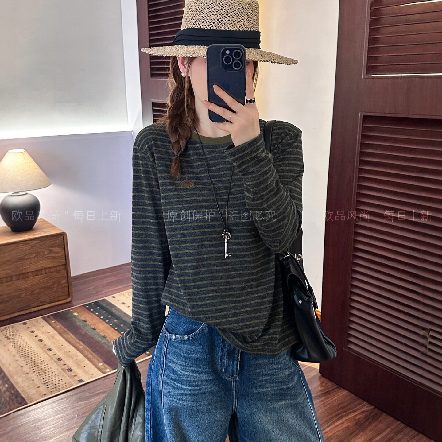 南瓜刺绣磨毛条纹T恤女欧洲站潮