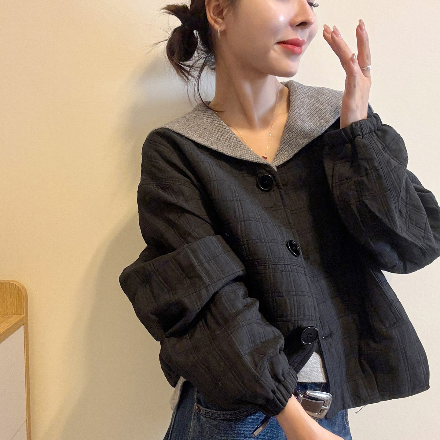海军领压格加棉短外套女欧货棉服
