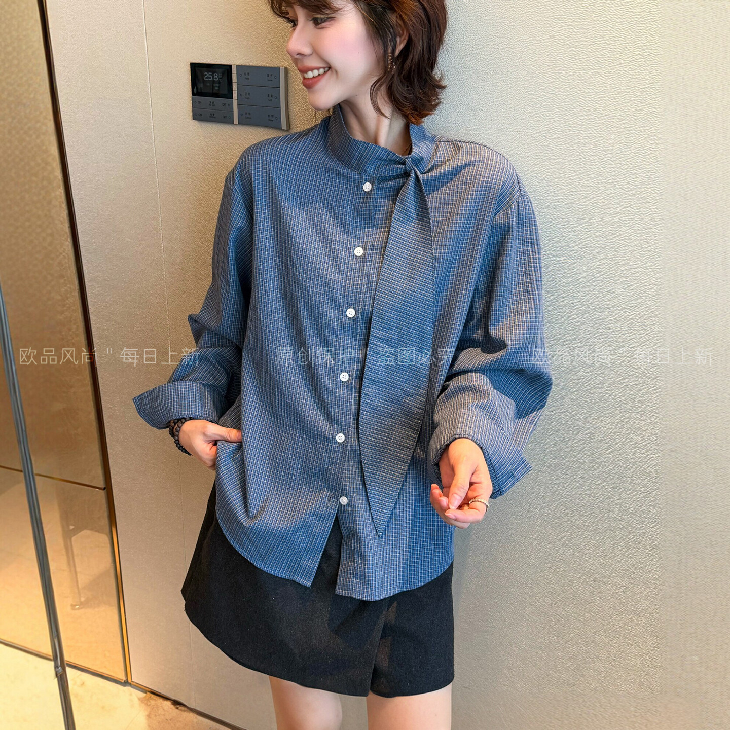 配领带撞色格子衬衫女欧洲站上衣