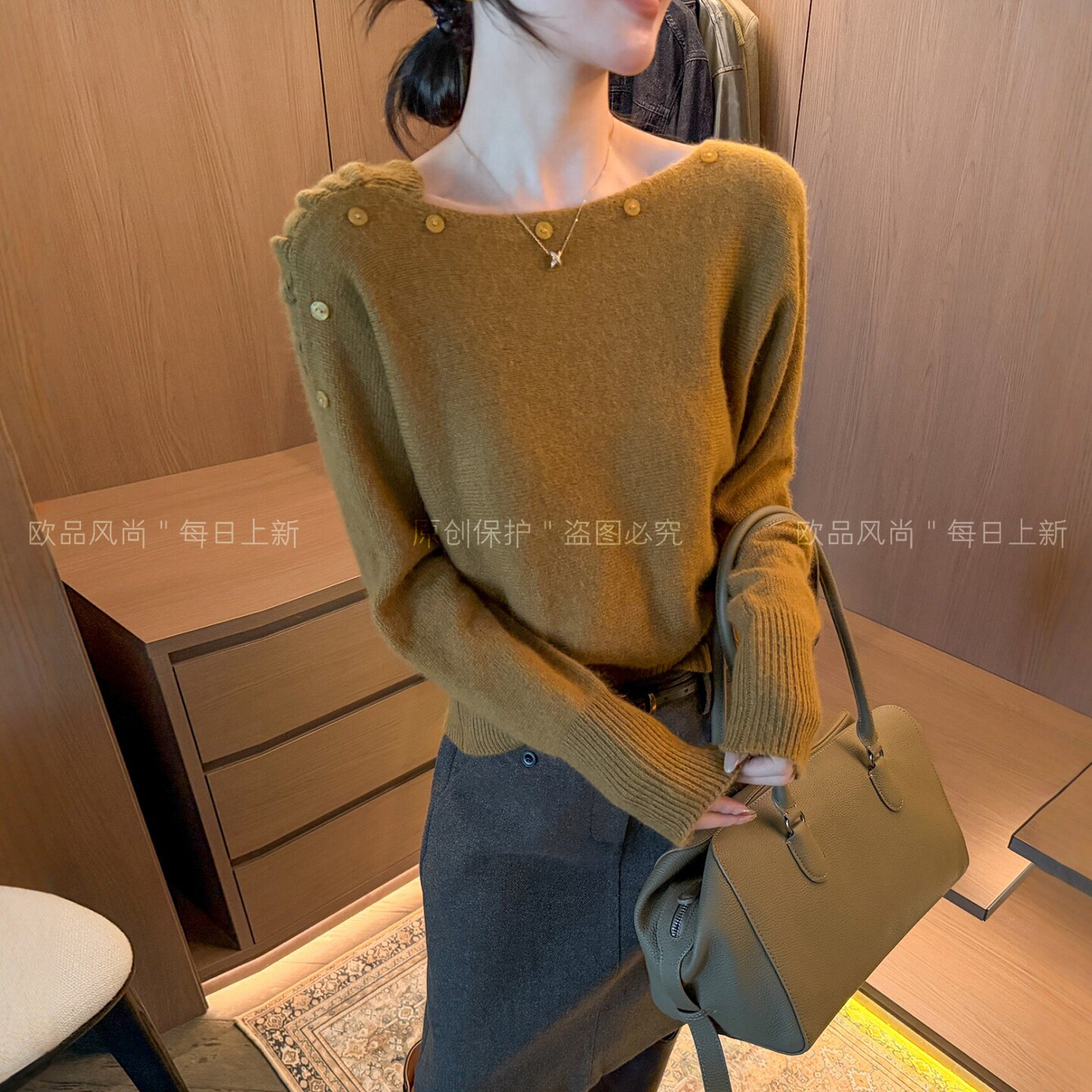 一字领绵羊毛针织衫女欧洲站毛衣