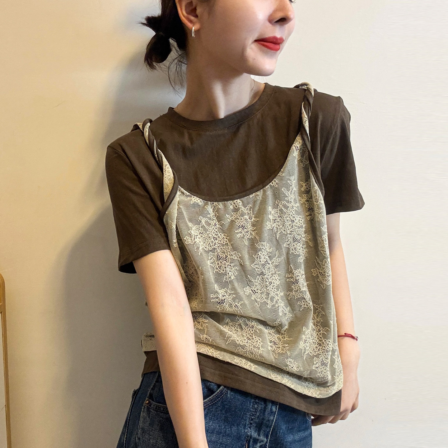假两件蕾丝吊带短袖T恤女欧洲站