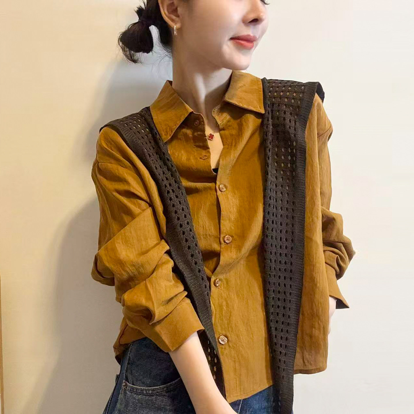 配披肩POLO领休闲衬衫女欧货上衣