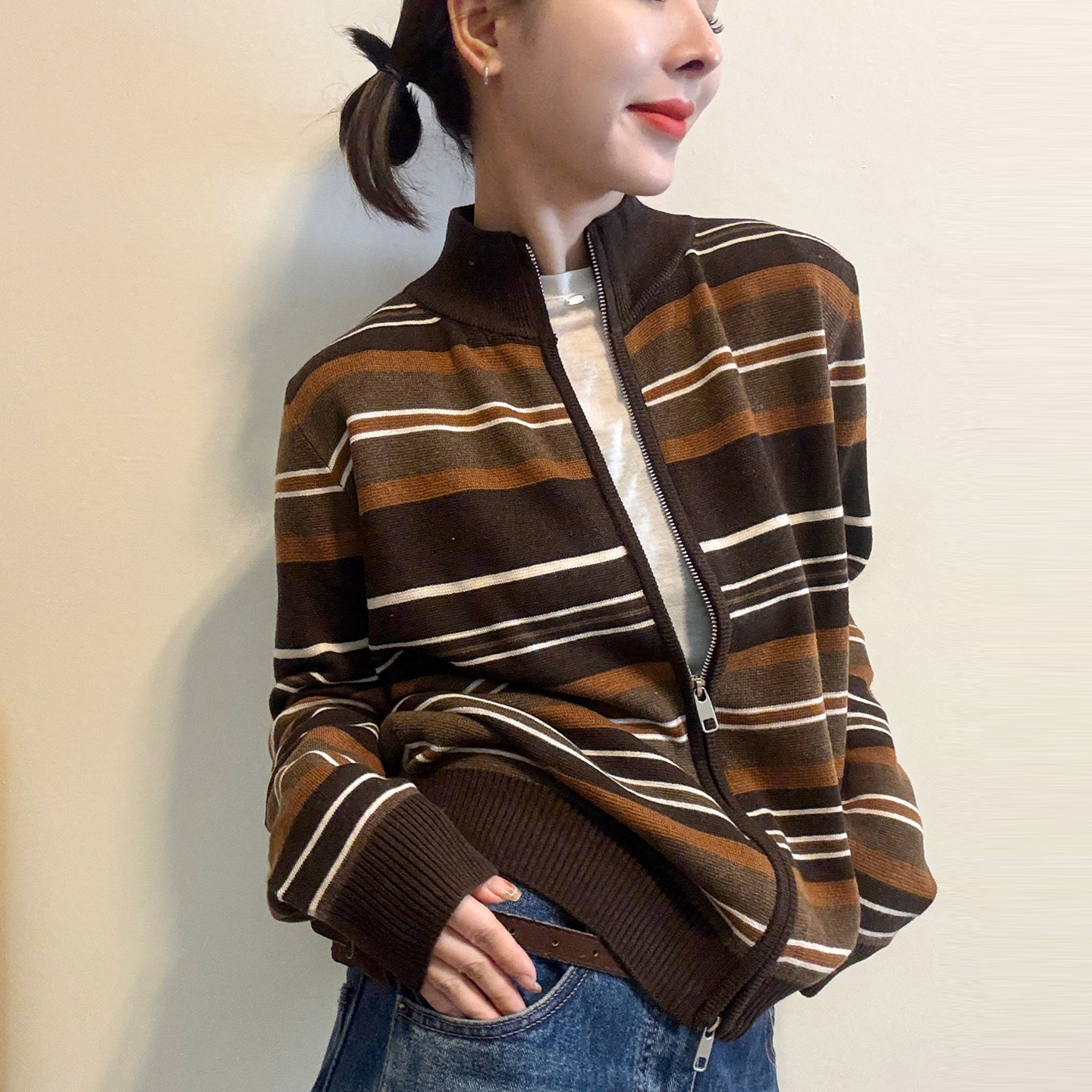 撞色条纹立领羊毛针织开衫女欧货
