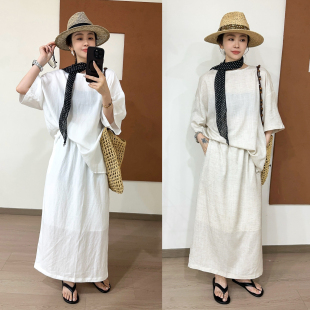 配丝巾麻料衬衫半身裙两件套套装女欧洲站2026夏装新款欧货女装潮