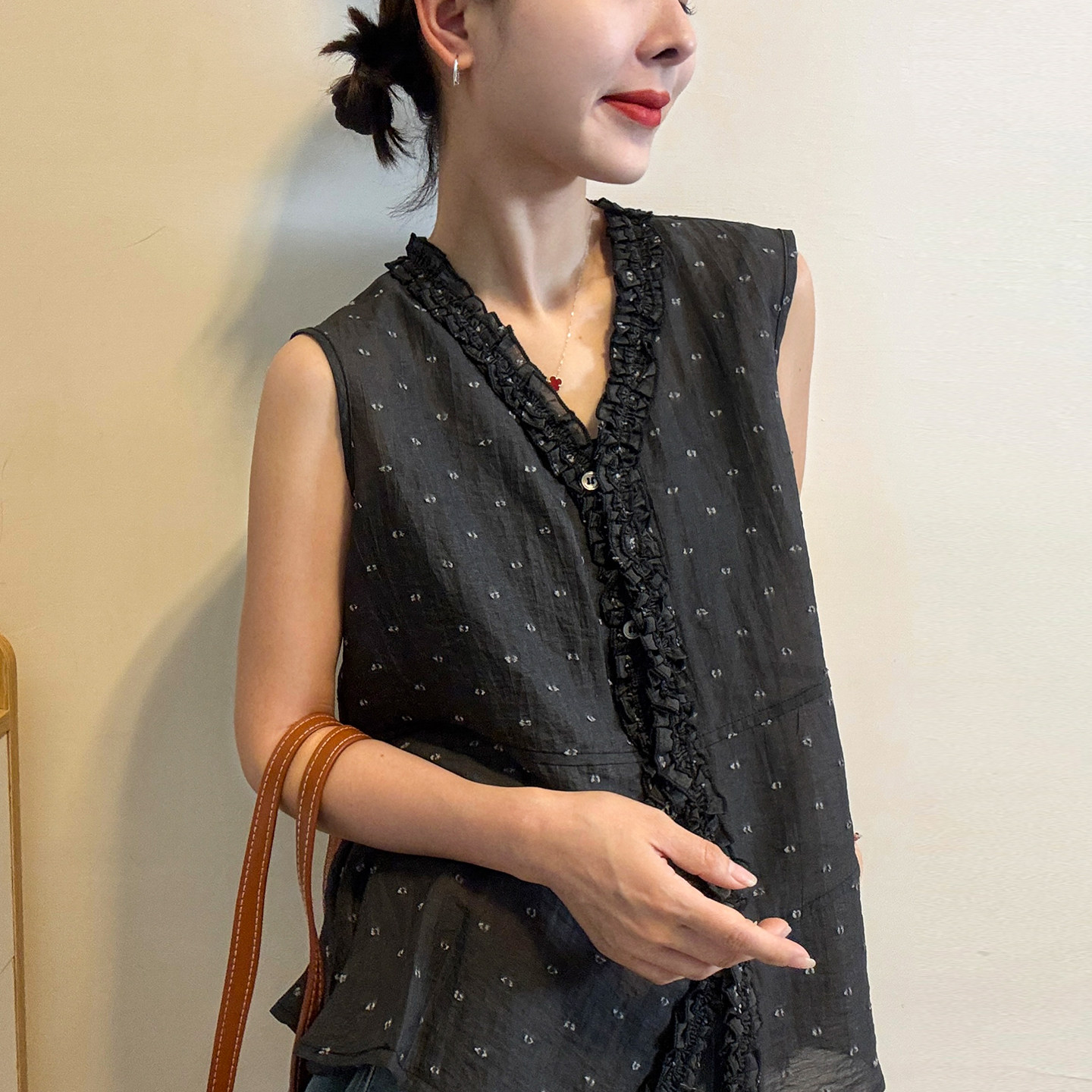 复古碎花木耳边A字衬衫女欧洲站