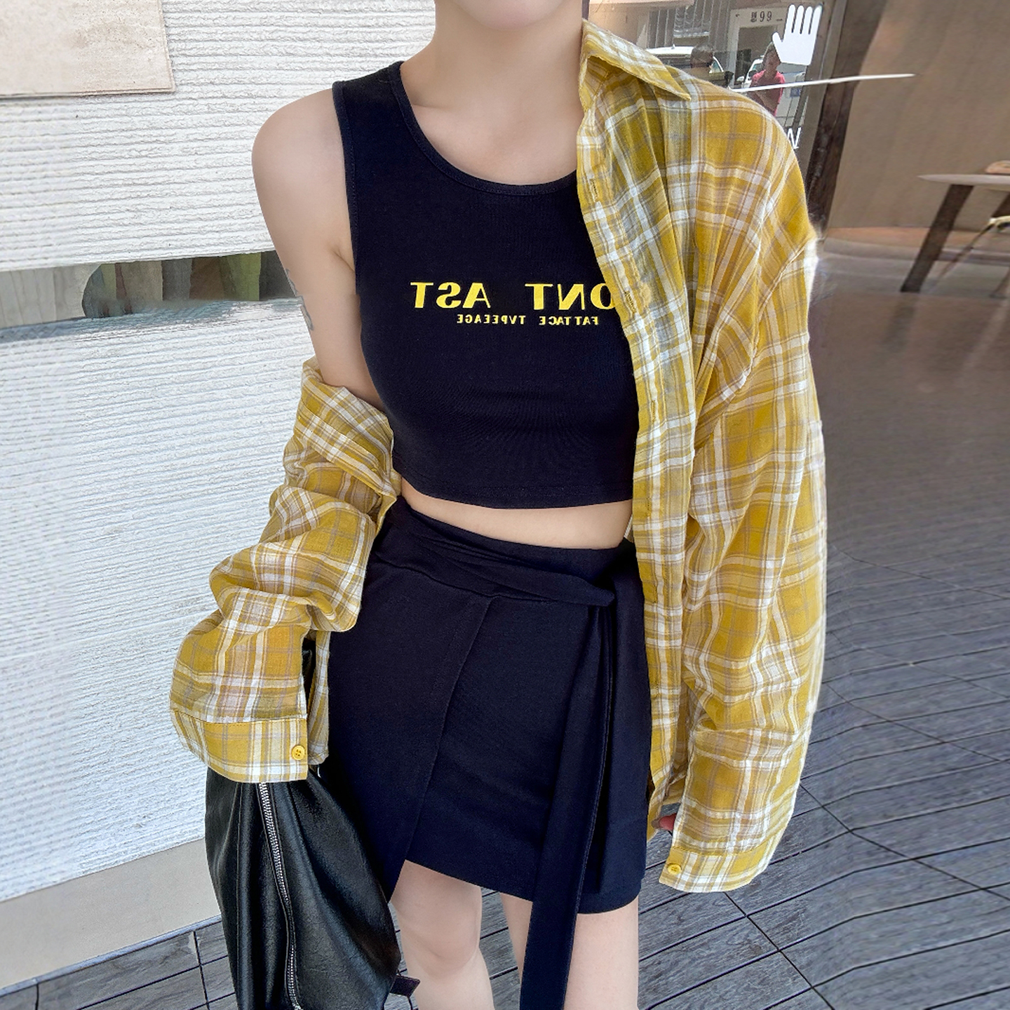 撞色格子衬衫字母吊带背心两件套女欧洲站2025夏装新款欧货女装潮
