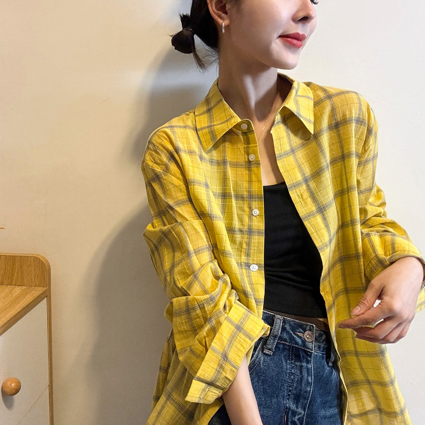 复古格子POLO领防晒衬衫女欧洲站