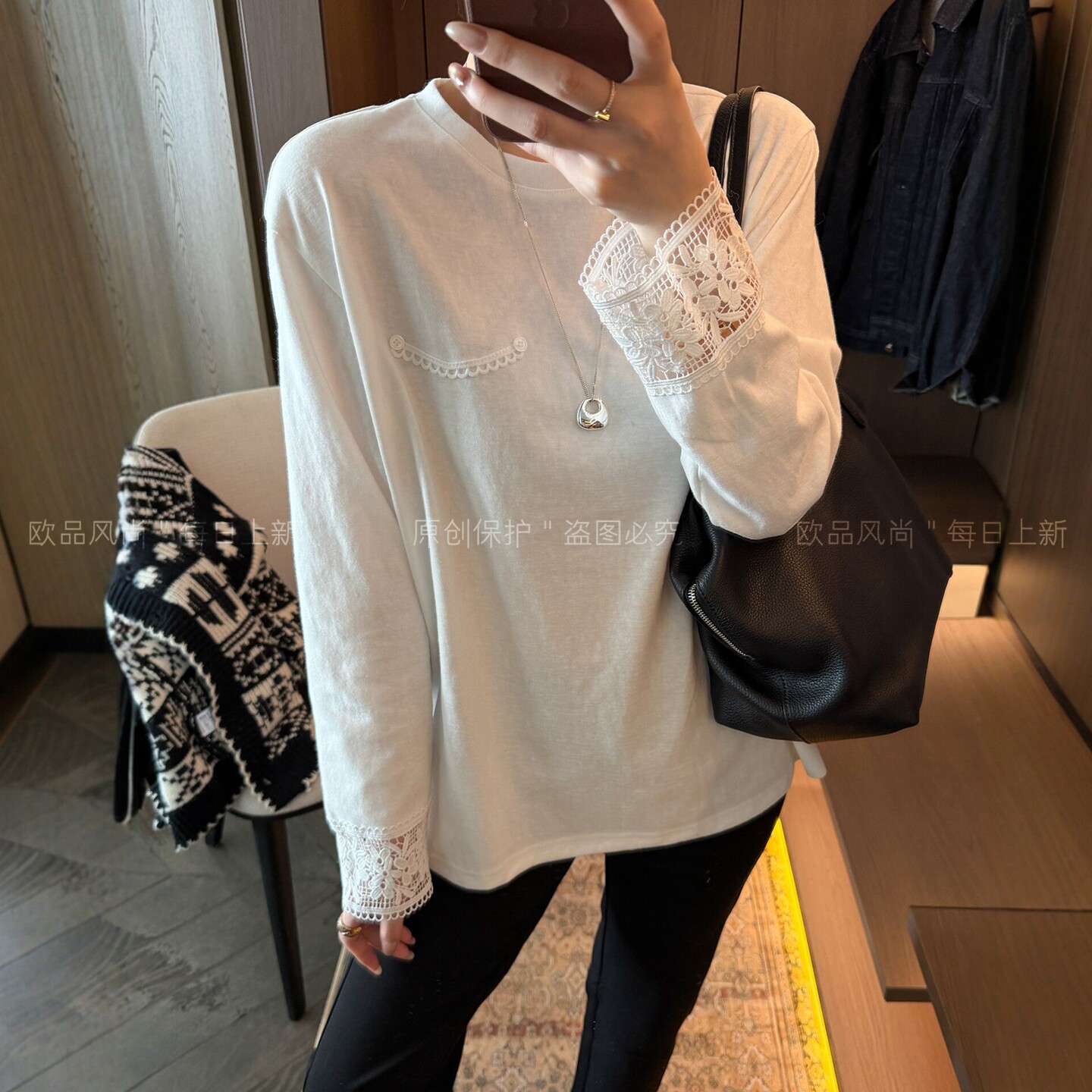 蕾丝钩花大版长袖T恤女欧货上衣