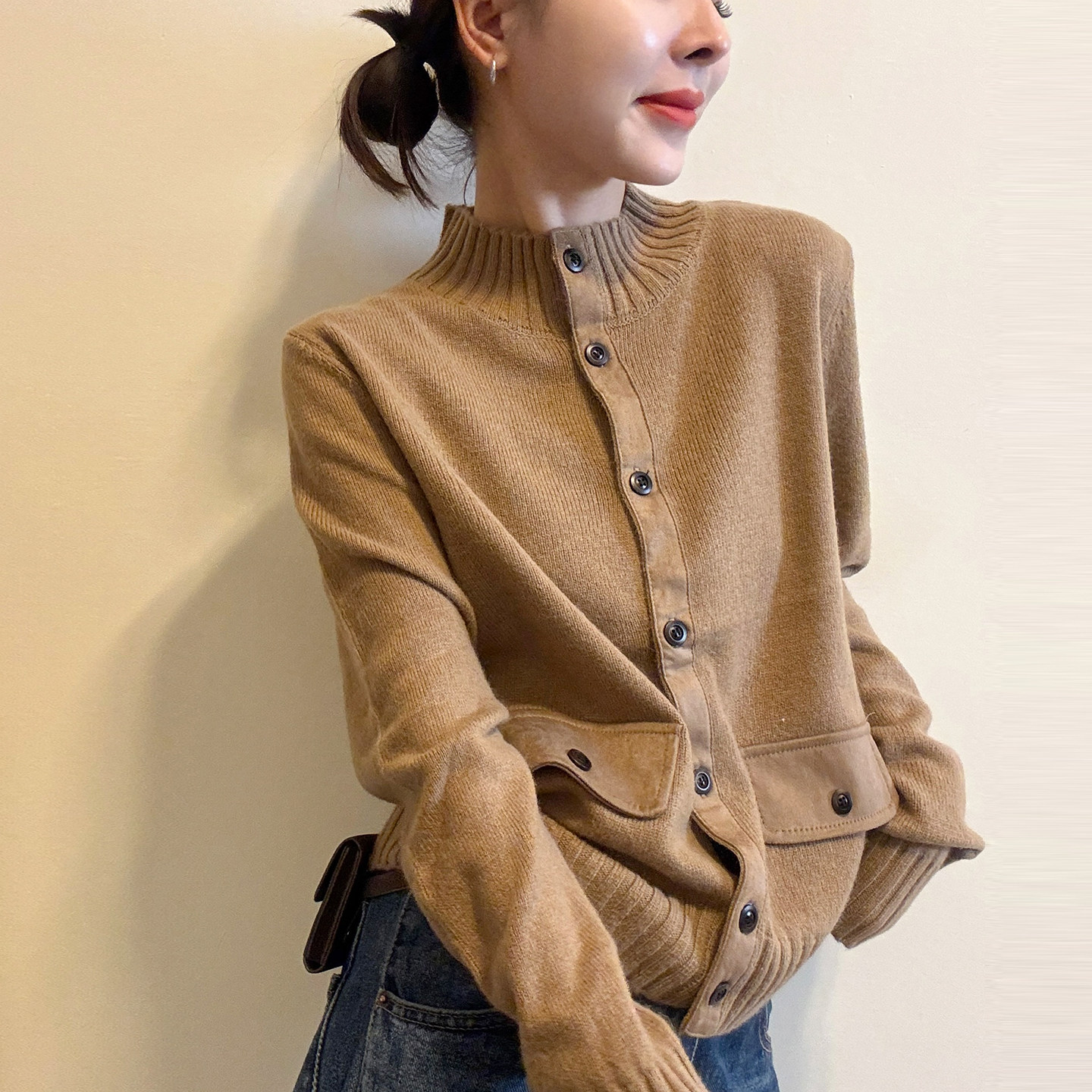 小半高领羊毛针织开衫女欧货外套