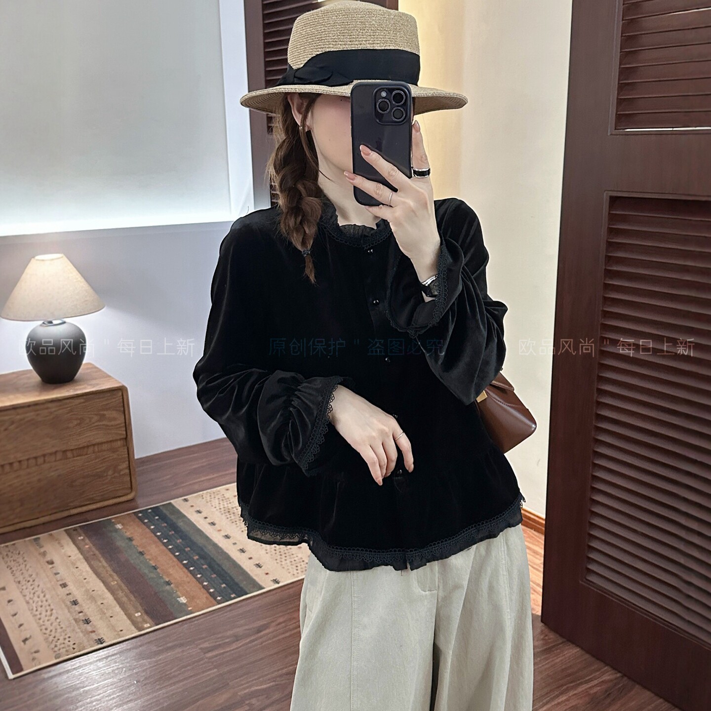 网纱拼接金丝绒衬衫女欧洲站小衫