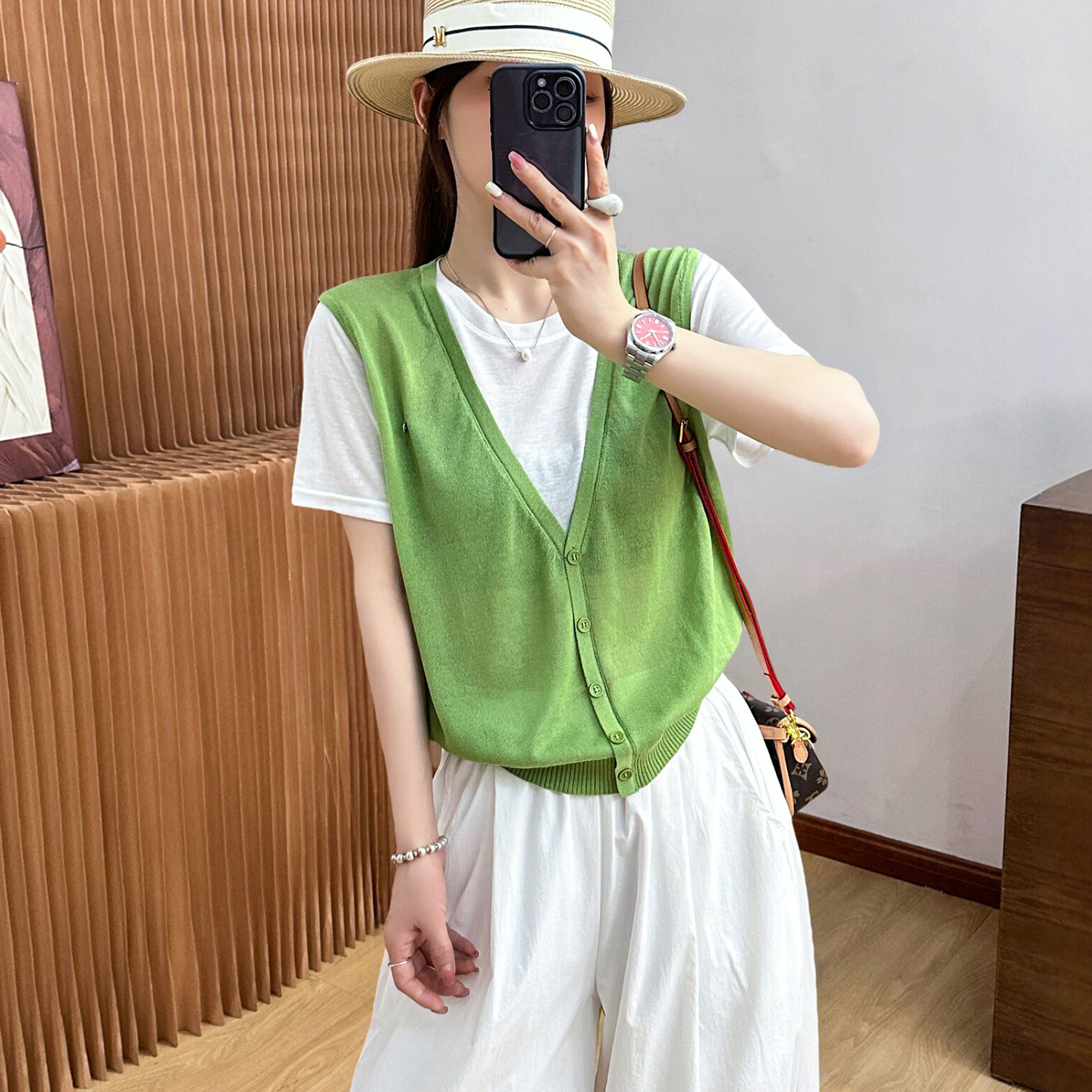 假两件V领冰丝针织衫女欧洲站潮