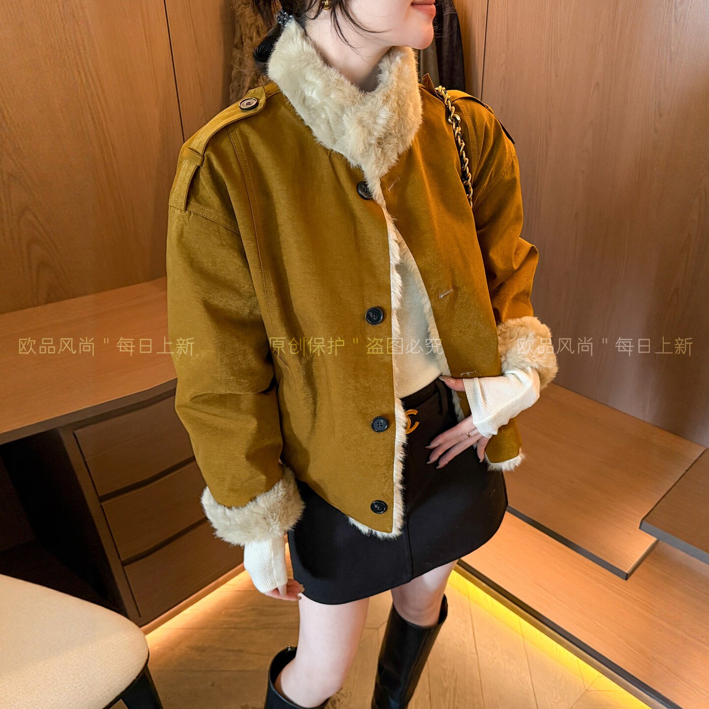 羊羔毛领工装加绒外套女欧货上衣