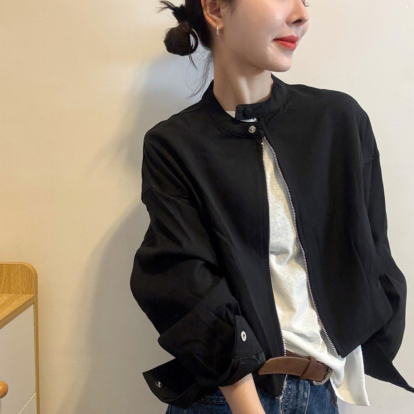 复古立领棒球服开衫外套女欧洲站