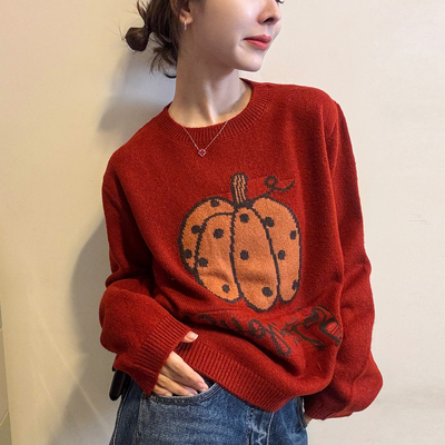 南瓜刺绣细羊毛针织衫女欧洲站