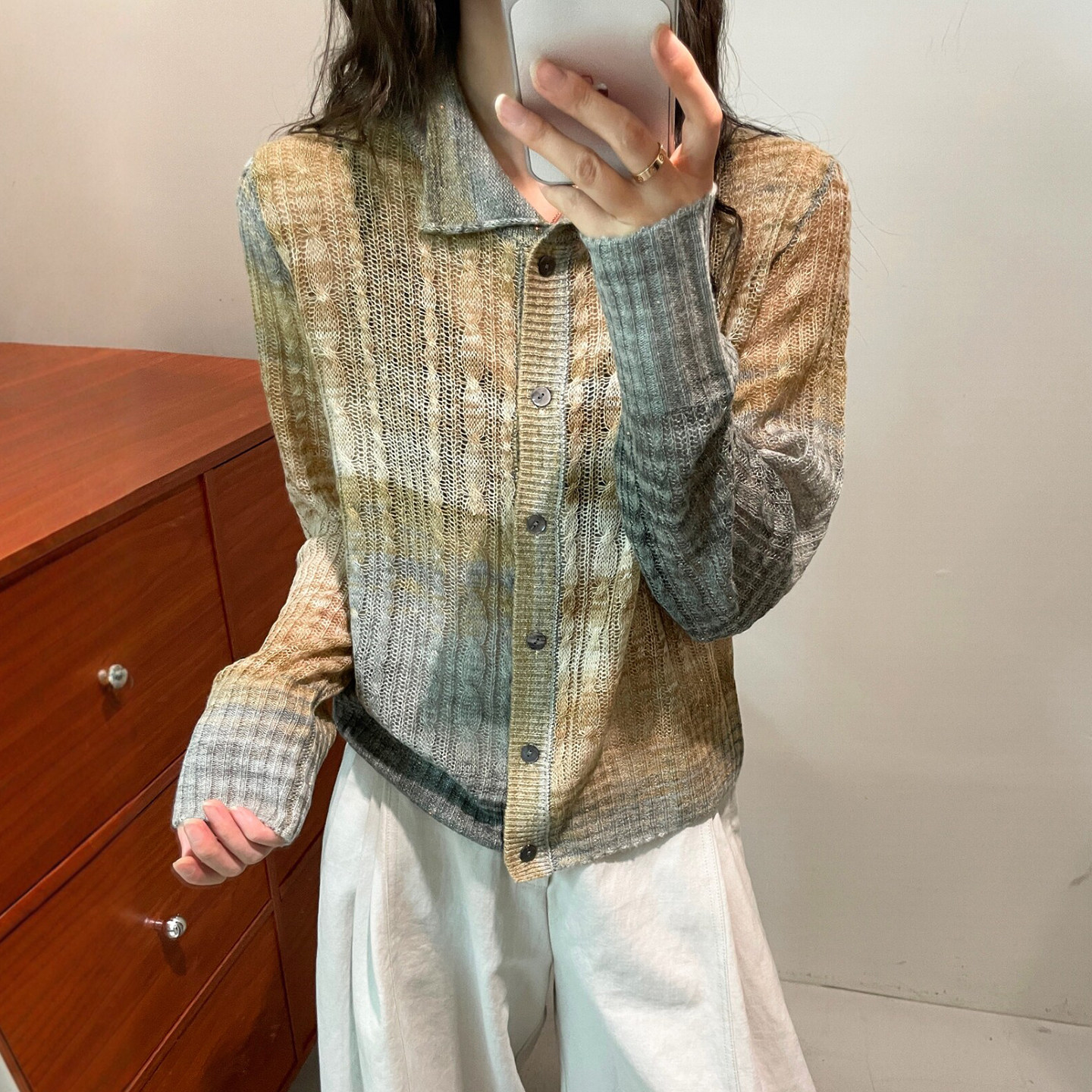 渐变色镂空丝羊绒针织开衫女欧货