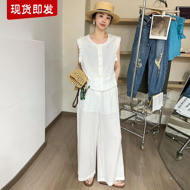复古刺绣棉麻衬衫阔腿裤两件套装女欧洲站2025夏装新款欧货女装潮