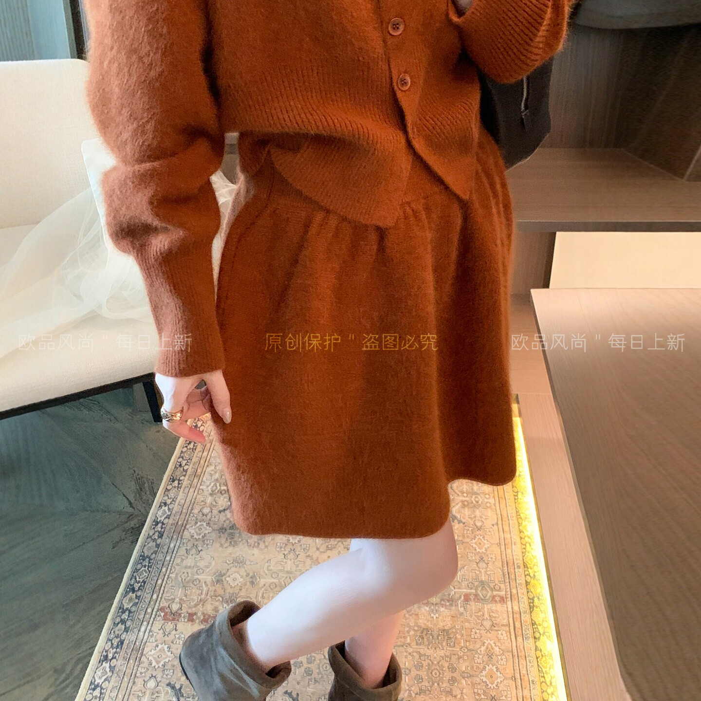 绵羊毛拉绒A字花苞半身裙女欧货