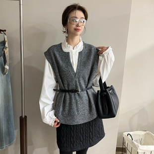 配腰带针织衫马甲衬衫两件套上衣女欧洲站2026春装新款欧货女装潮