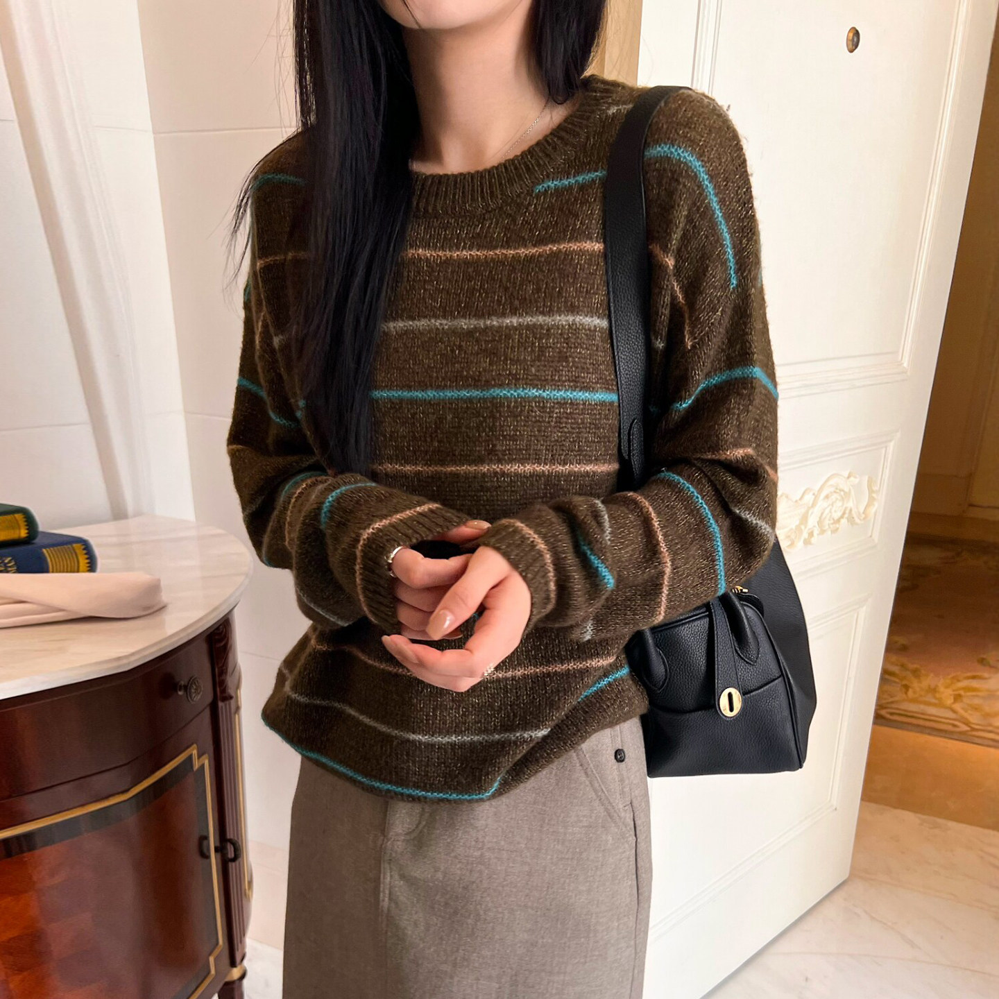 彩色条纹杂线羊毛针织衫女欧洲站